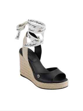 Karl Lagerfeld Paris Black Cecilia Ankle-Tie Espadrille Wedge Sandals Size 6.5 M